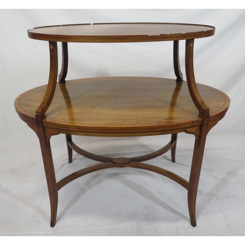 46 - Edwardian oval inlaid & crossbanded two tier serving or occasional table, with shaped columns, on sq... 