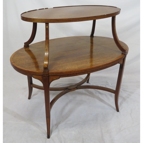 46 - Edwardian oval inlaid & crossbanded two tier serving or occasional table, with shaped columns, on sq... 