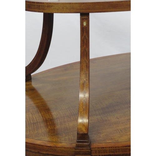 46 - Edwardian oval inlaid & crossbanded two tier serving or occasional table, with shaped columns, on sq... 