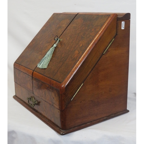 47 - Edwardian walnut stationery box with fold-out front & lid, lined interior, inkwells, drawer under wi... 