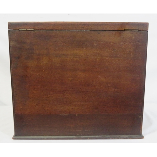 47 - Edwardian walnut stationery box with fold-out front & lid, lined interior, inkwells, drawer under wi... 