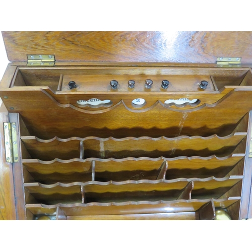 47 - Edwardian walnut stationery box with fold-out front & lid, lined interior, inkwells, drawer under wi... 