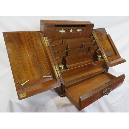 47 - Edwardian walnut stationery box with fold-out front & lid, lined interior, inkwells, drawer under wi... 