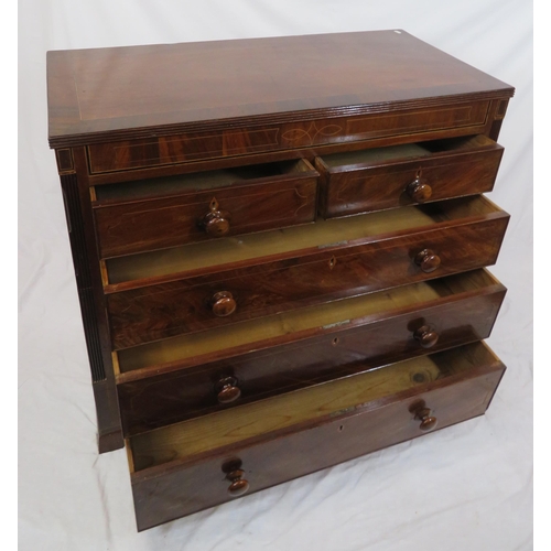 50 - Edwardian inlaid & crossbanded mahogany chest of two short & three long drawers with reeded borders ... 