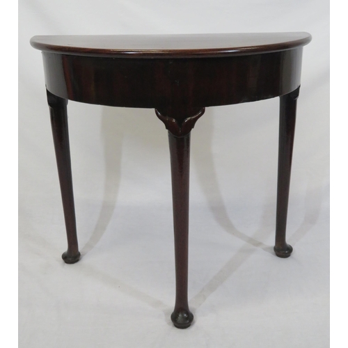 54 - Victorian mahogany demi-lune hall or side table with shaped frieze, foliate decorated cabriole legs ... 