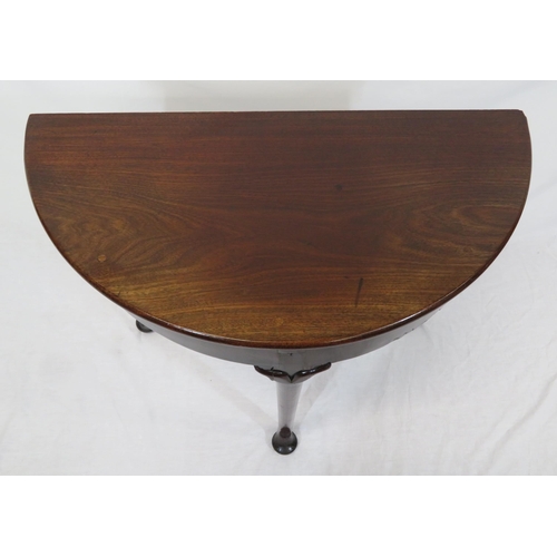 54 - Victorian mahogany demi-lune hall or side table with shaped frieze, foliate decorated cabriole legs ... 