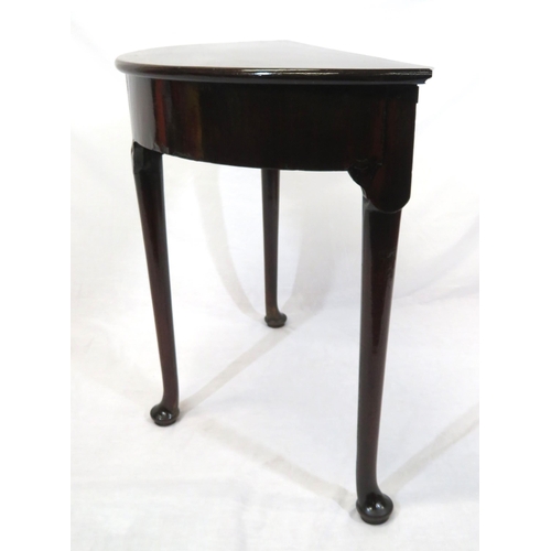 54 - Victorian mahogany demi-lune hall or side table with shaped frieze, foliate decorated cabriole legs ... 