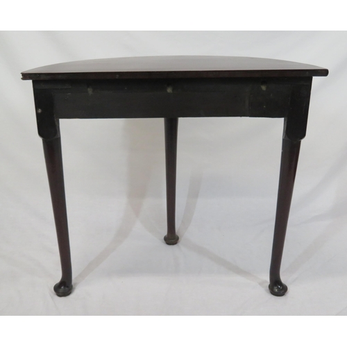 54 - Victorian mahogany demi-lune hall or side table with shaped frieze, foliate decorated cabriole legs ... 