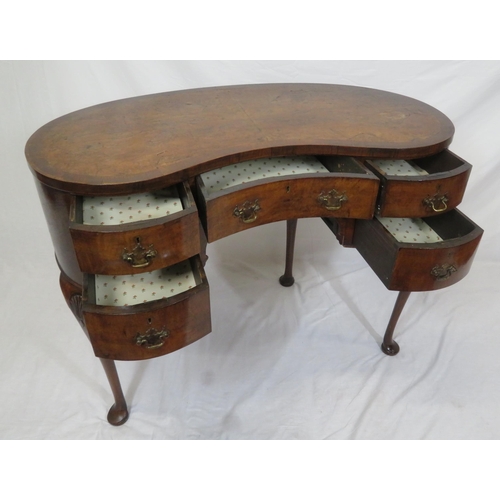 55 - Victorian inlaid walnut & mahogany kidney shaped occasional side table or desk, with shaped drawers,... 