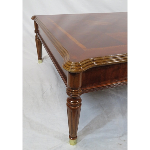 56 - French style inlaid walnut & mahogany square occasional or coffee table with reeded borders, shaped ... 