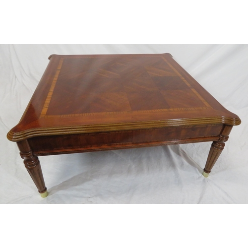 56 - French style inlaid walnut & mahogany square occasional or coffee table with reeded borders, shaped ... 