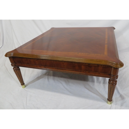 56 - French style inlaid walnut & mahogany square occasional or coffee table with reeded borders, shaped ... 