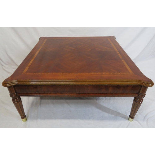 56 - French style inlaid walnut & mahogany square occasional or coffee table with reeded borders, shaped ... 