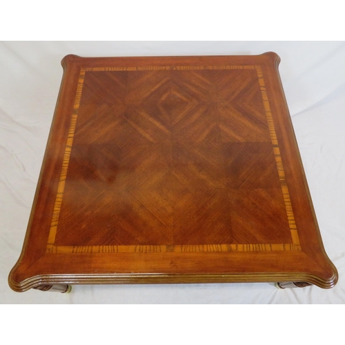 56 - French style inlaid walnut & mahogany square occasional or coffee table with reeded borders, shaped ... 