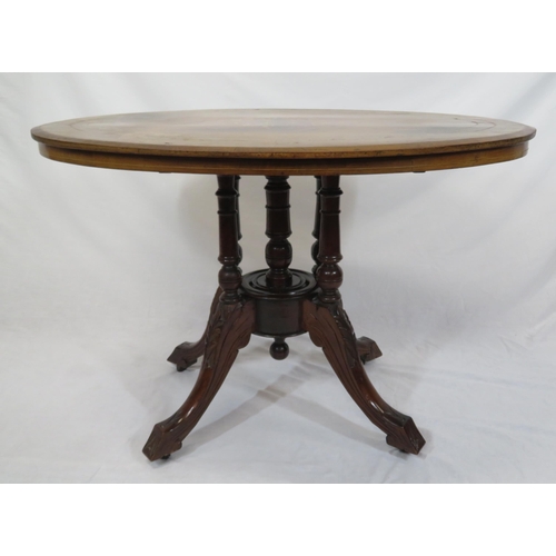 65 - Victorian oval inlaid occasional table with tip-up top, ornate satinwood inlay, on turned columns, o... 