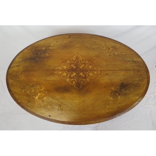 65 - Victorian oval inlaid occasional table with tip-up top, ornate satinwood inlay, on turned columns, o... 