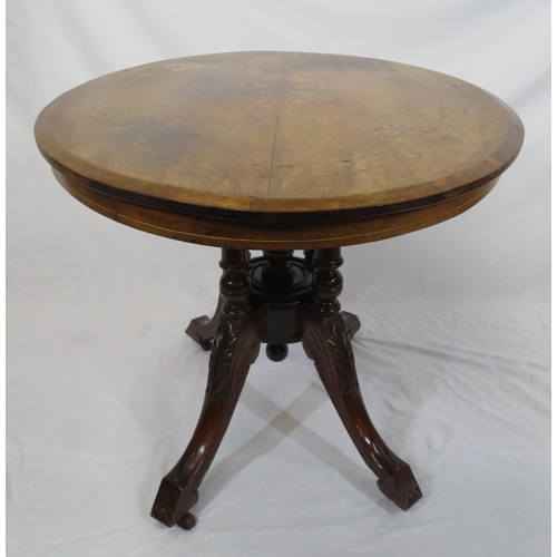 65 - Victorian oval inlaid occasional table with tip-up top, ornate satinwood inlay, on turned columns, o... 