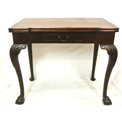 66 - Edwardian style mahogany card table with leatherette inset, fold-over top, gateleg support, on scrol... 