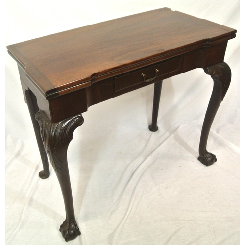 66 - Edwardian style mahogany card table with leatherette inset, fold-over top, gateleg support, on scrol... 