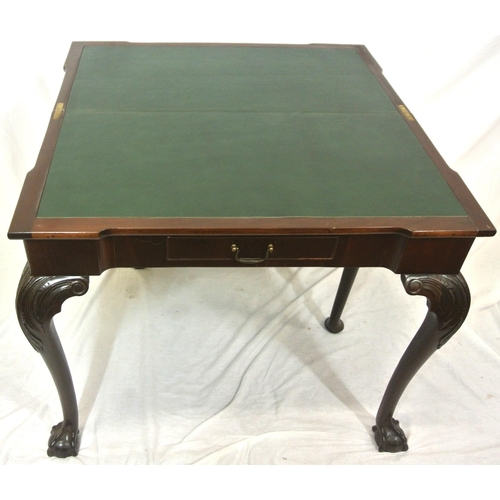 66 - Edwardian style mahogany card table with leatherette inset, fold-over top, gateleg support, on scrol... 