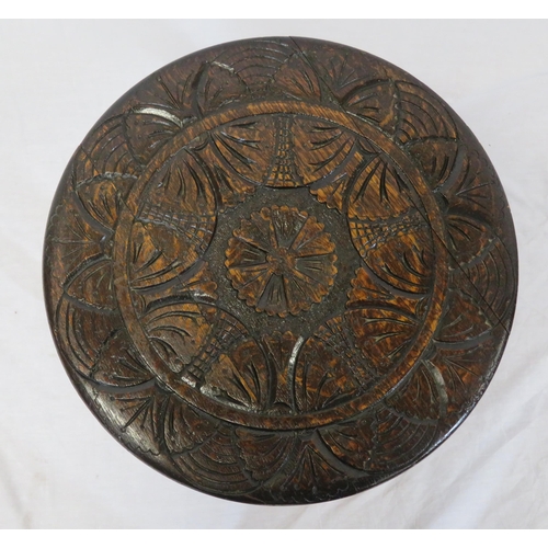 69 - Victorian style carved oak round stool with ball turned legs & stretchers