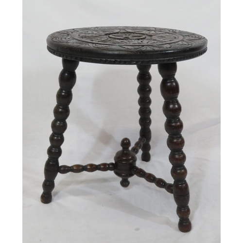 69 - Victorian style carved oak round stool with ball turned legs & stretchers