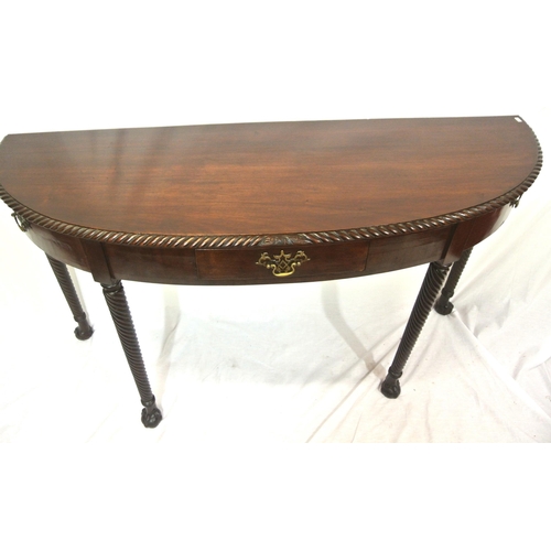 70 - Regency style mahogany demi-lune hall or side table with rope-edge border, bow fronted drawer with b... 