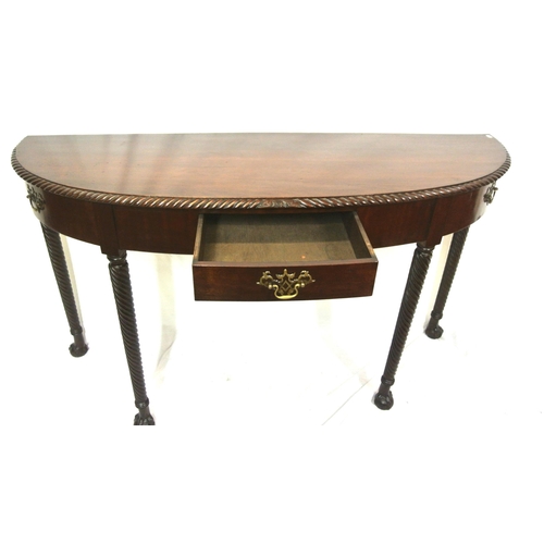 70 - Regency style mahogany demi-lune hall or side table with rope-edge border, bow fronted drawer with b... 