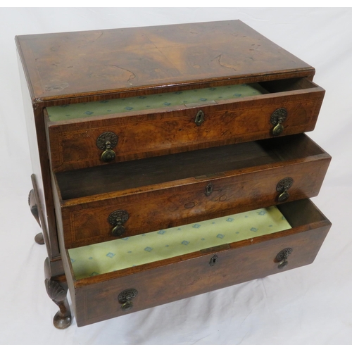 71 - Georgian inlaid & crossbanded walnut & mahogany chest with three drawers, brass teardrop handles, on... 