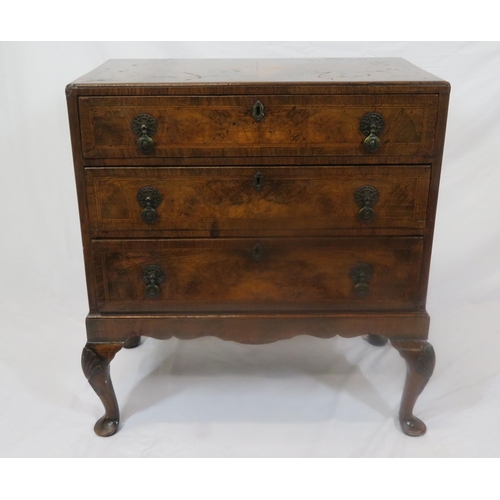 71 - Georgian inlaid & crossbanded walnut & mahogany chest with three drawers, brass teardrop handles, on... 