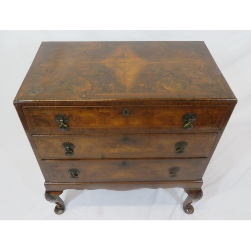 71 - Georgian inlaid & crossbanded walnut & mahogany chest with three drawers, brass teardrop handles, on... 