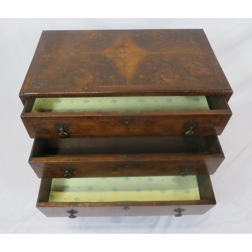 71 - Georgian inlaid & crossbanded walnut & mahogany chest with three drawers, brass teardrop handles, on... 