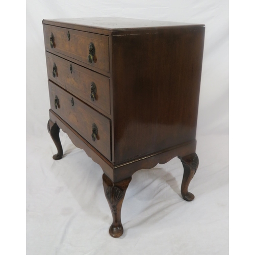 71 - Georgian inlaid & crossbanded walnut & mahogany chest with three drawers, brass teardrop handles, on... 