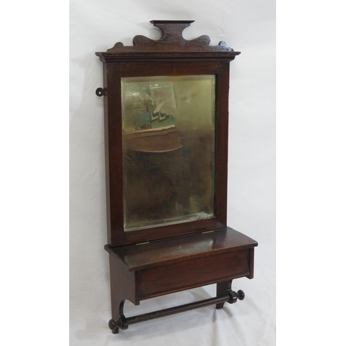 77 - Edwardian mahogany wall press with bevelled mirror inset & lift-up lid with rail