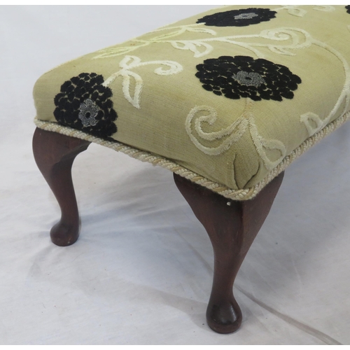 83 - Victorian oblong stool with foliate upholstery, cabriole legs with pad feet