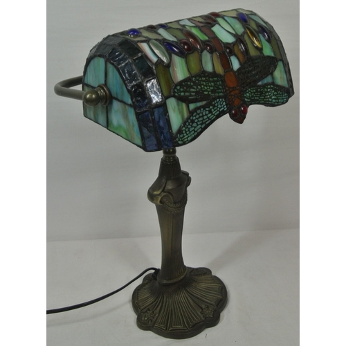 87 - Art Deco style bankers or table lamp with shaped base, butterfly decorated shade