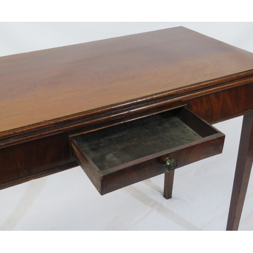 90 - Edwardian mahogany tea table with fold-over top, gateleg support, frieze drawer, on square tapering ... 