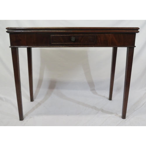 90 - Edwardian mahogany tea table with fold-over top, gateleg support, frieze drawer, on square tapering ... 