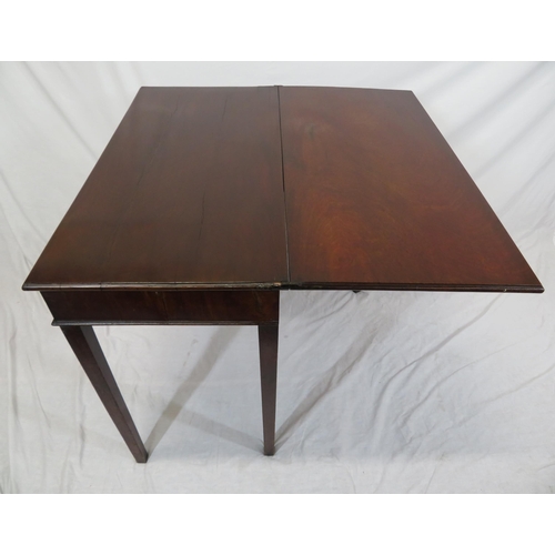 90 - Edwardian mahogany tea table with fold-over top, gateleg support, frieze drawer, on square tapering ... 