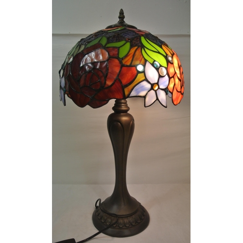 98 - Art Deco style electric table lamp with shaped column & round base, multi-coloured glass shade