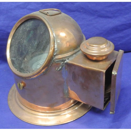 33 - Ships copper gimballed binnacle with side oil lamp