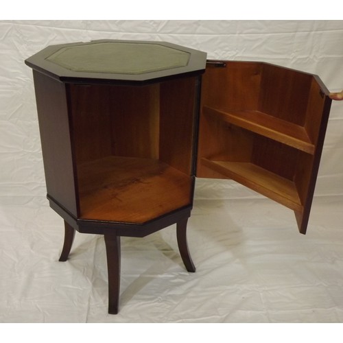 22 - Edwardian style hexagonal shaped cabinet with leatherette inset, drop handles, on shaped legs