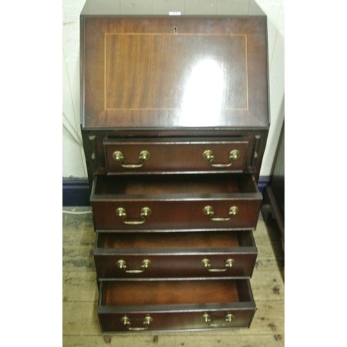 31 - Edwardian design small bureau with drop-down front, pull-out supports, four drawers under with brass... 