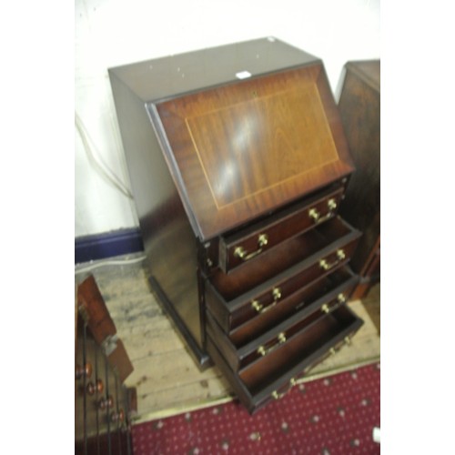 31 - Edwardian design small bureau with drop-down front, pull-out supports, four drawers under with brass... 