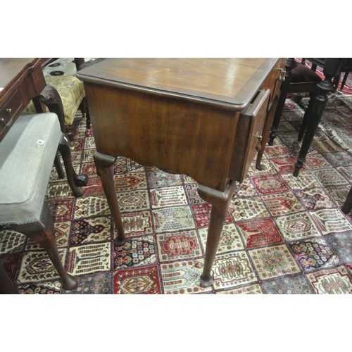 95 - Queen Anne crossbanded mahogany lowboy with three drawers, brass tear drop handles, on cabriole legs... 