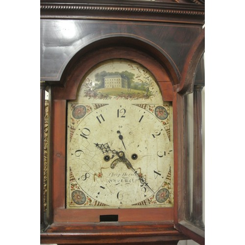 110 - Edwardian inlaid mahogany and walnut Grandfather clock with dentil frieze, metal face painted with b... 