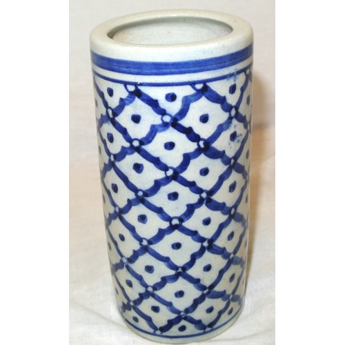 112 - Oriental circular jar with ornate blue and white decoration