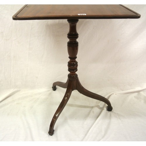 151 - Victorian mahogany square occasional table with raised rim, on vase turned column, on hipped tripod