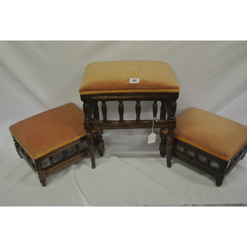 62 - Set of three oblong upholstered foot stools with turned rails & shaped legs