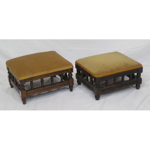 62 - Set of three oblong upholstered foot stools with turned rails & shaped legs